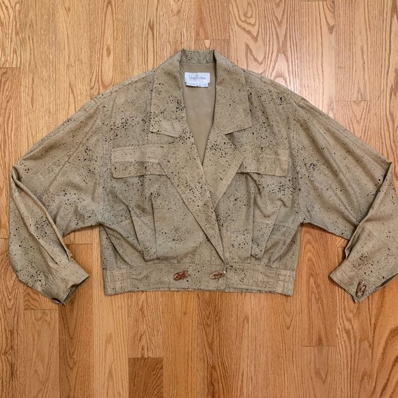 Vintage Jackets & Blazers - 100% silk 80s style paint splatter khaki cropped bomber jacket